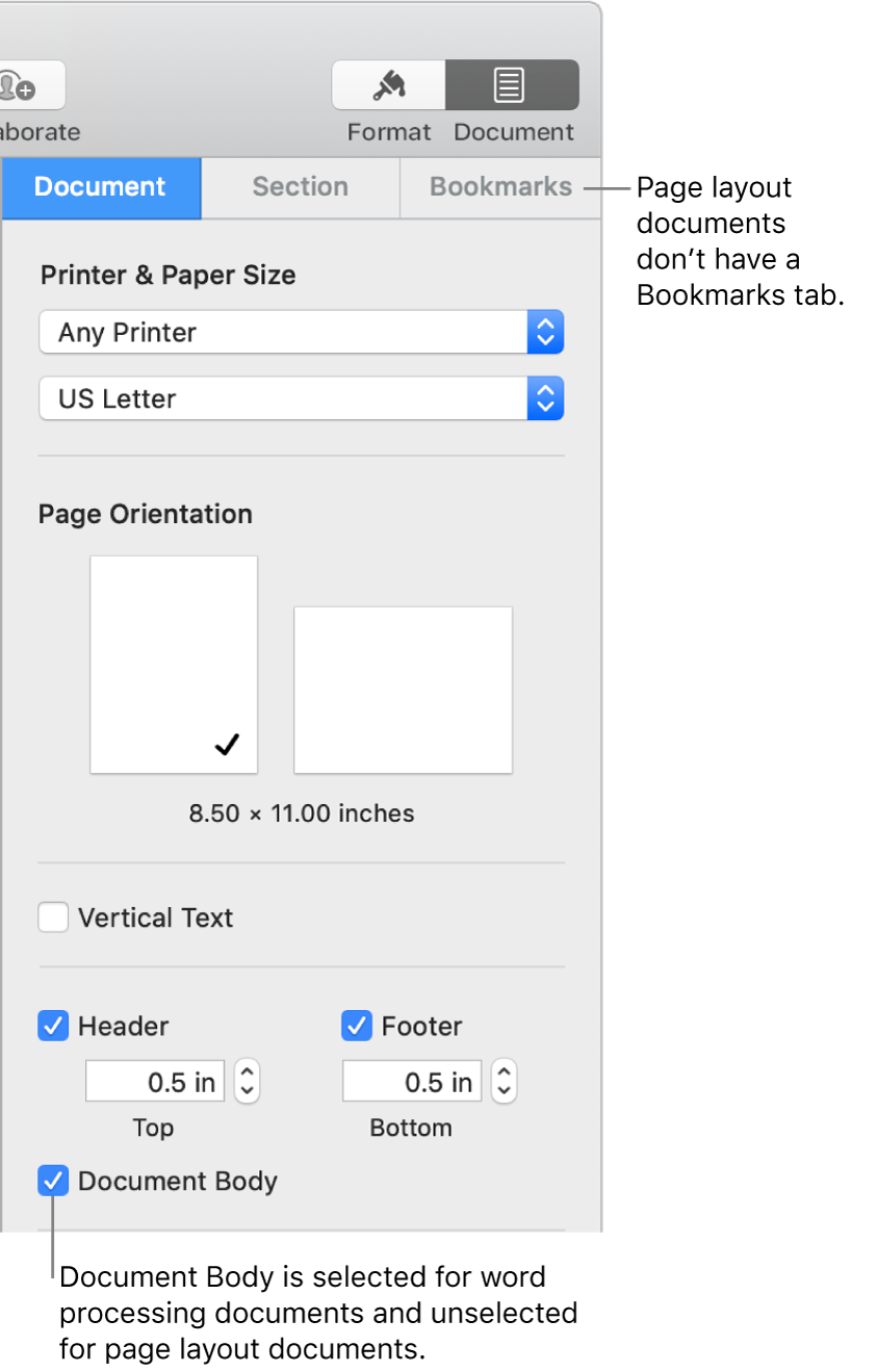 The Format sidebar with Document, Section and Bookmarks tabs at the top. The Document tab is selected and a callout to the Bookmarks tab says that page layout documents don’t have a Bookmarks tab. The Document Body tickbox is selected, which also indicates that this is a word processing document.