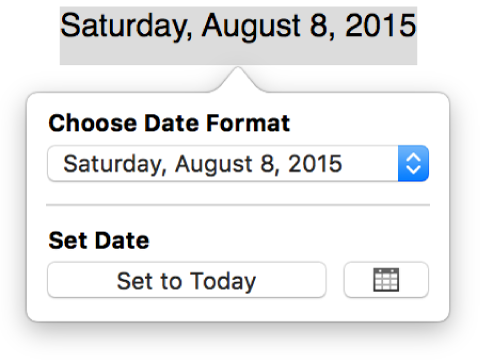 The Date & Time popover showing a pop-up menu for date format and a Set to Today button.