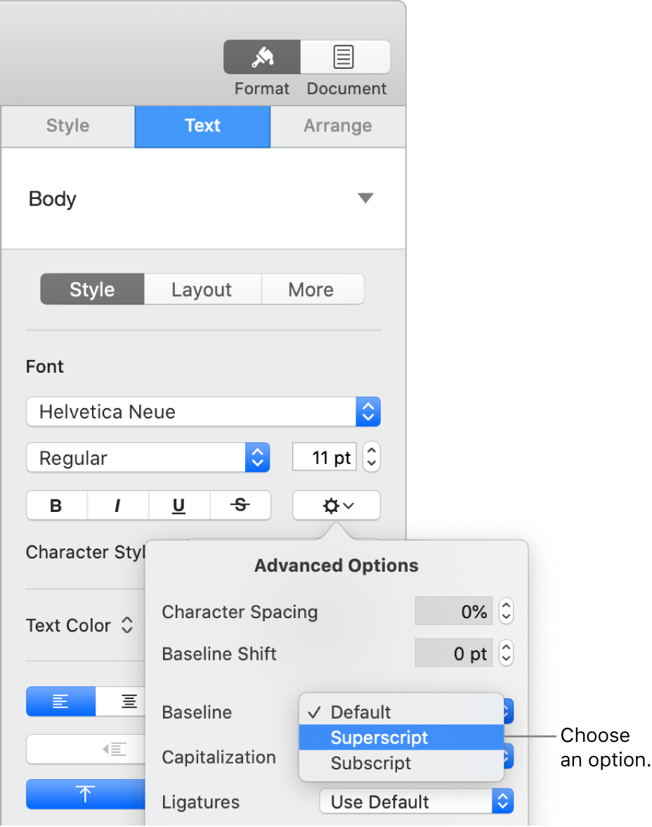 The Advanced Options menu with the Baseline pop-up menu open and showing Default, Superscript, and Subscript menu items.