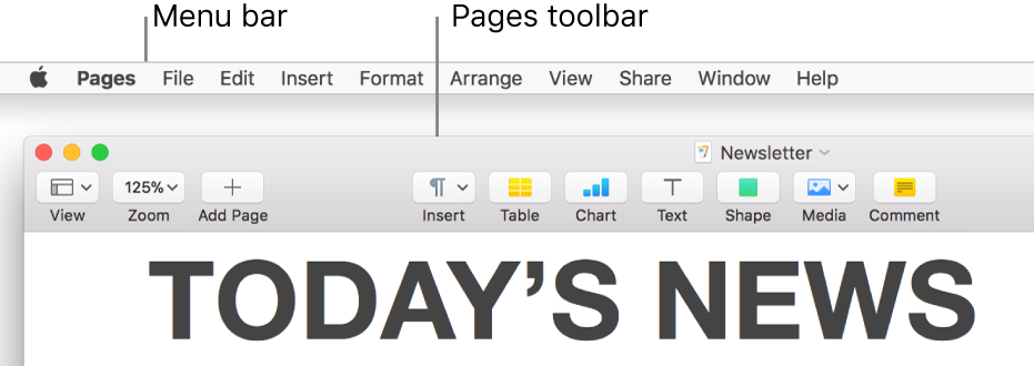The menu bar at the top of the screen with Apple, Pages, File, Edit, Insert, Format, Arrange, View, Share, Window, and Help menus. Below it is an open Pages document with toolbar buttons across the top for View, Zoom, Add Page, Insert, Table, Chart, Text, Shape, Media, and Comment.