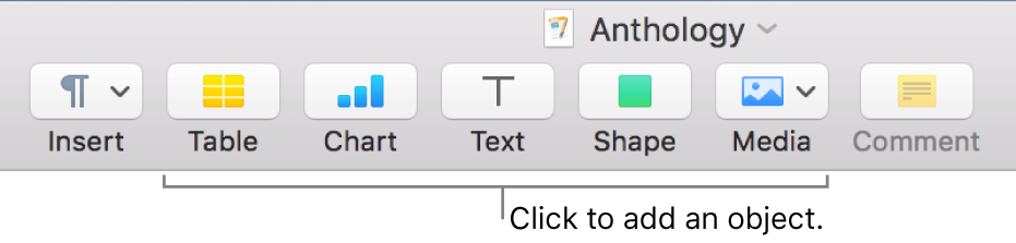 The toolbar with buttons for adding tables, charts, text, shapes, and media.