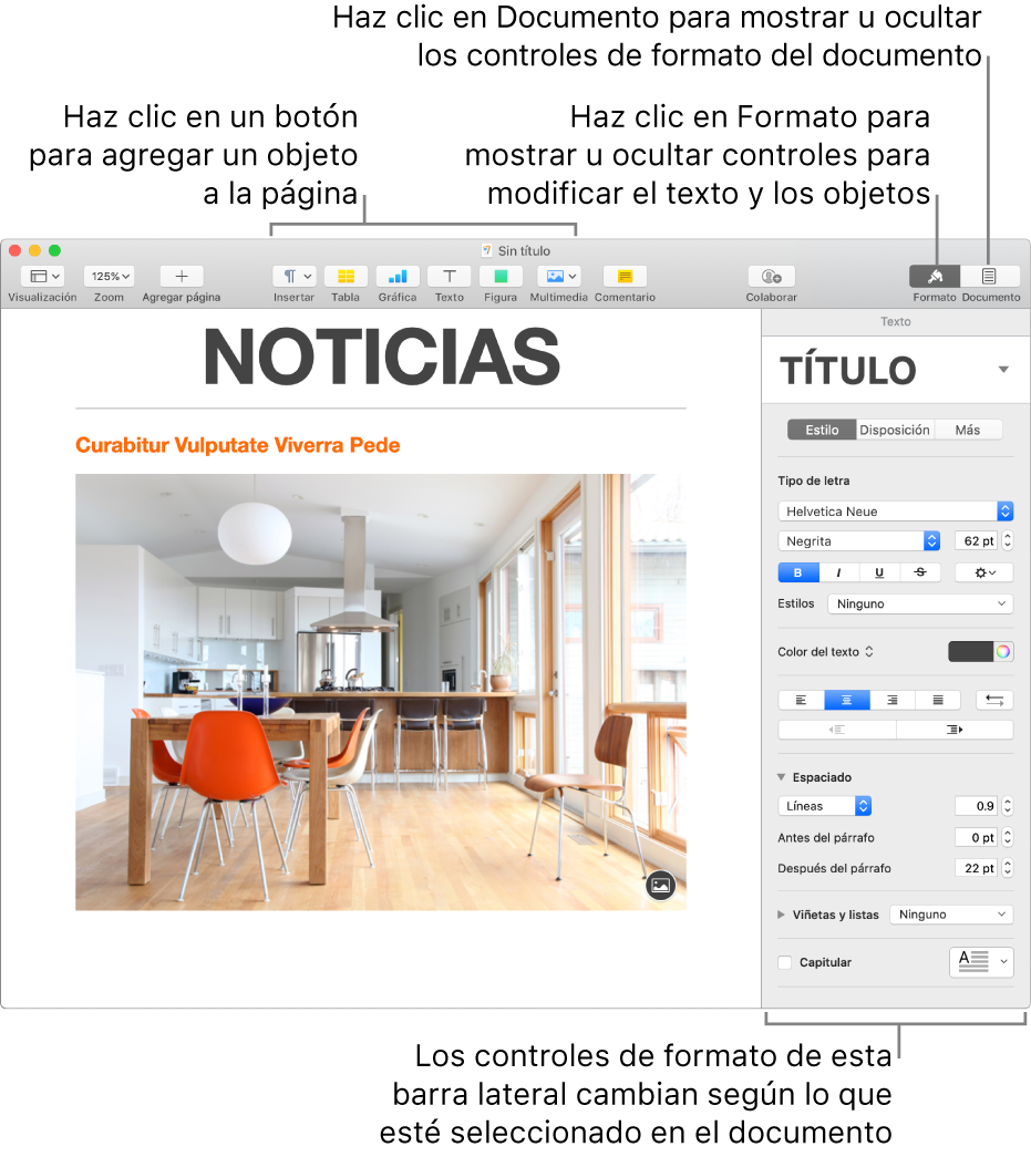 Ventana de Pages con botones en la barra de herramientas para agregar objetos y abrir las barras laterales.