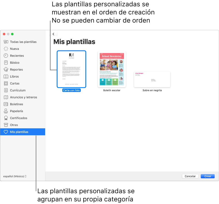 El selector de plantilla con la categoría “Mis plantillas” como la última categoría a la izquierda. Las plantillas personalizadas se muestran en el orden en el que se crearon y no se pueden reorganizar.