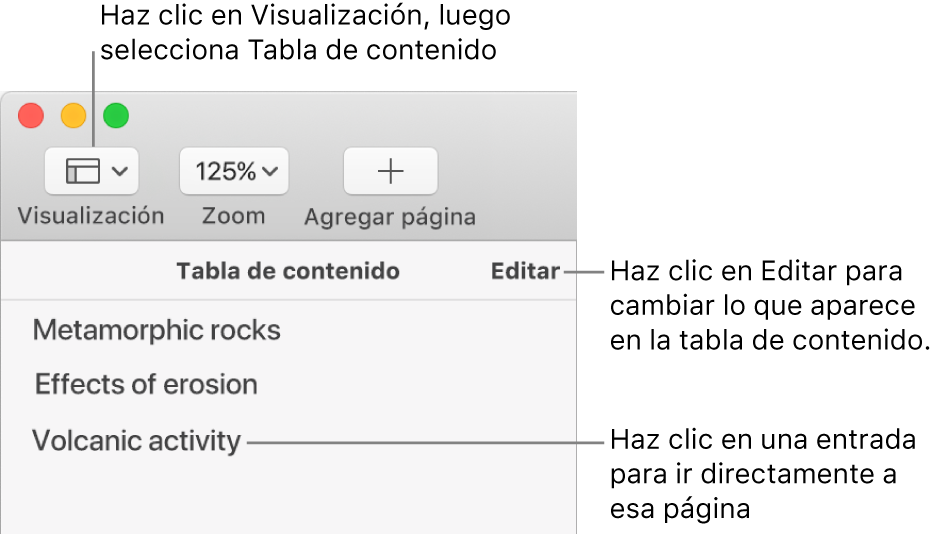 La tabla de contenido en el lado izquierdo de la ventana de Pages con un botón de Edición en la esquina superior derecha de la barra lateral y las entradas de la tabla de contenido en una lista. El botón Visualización está en la esquina superior izquierda de la barra de herramientas de Pages, encima de la barra lateral.