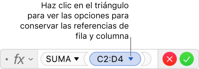 El editor de fórmulas mostrando cómo conservar la fila y la columna de una referencia de intervalo.