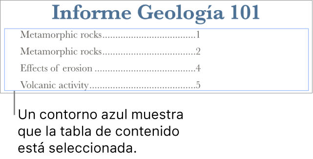 Una tabla de contenido insertada en un documento. Las entradas muestran los encabezamientos junto con sus números de página.