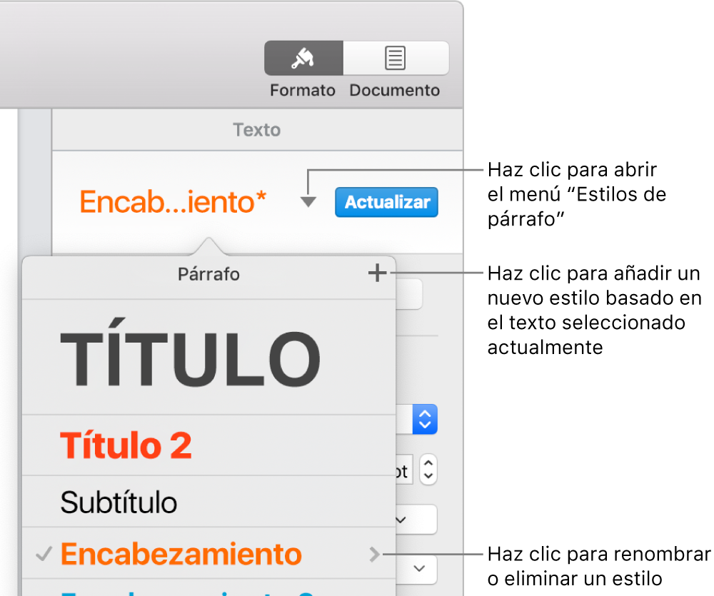 El menú “Estilos de párrafo,” con los controles para añadir o cambiar un estilo.