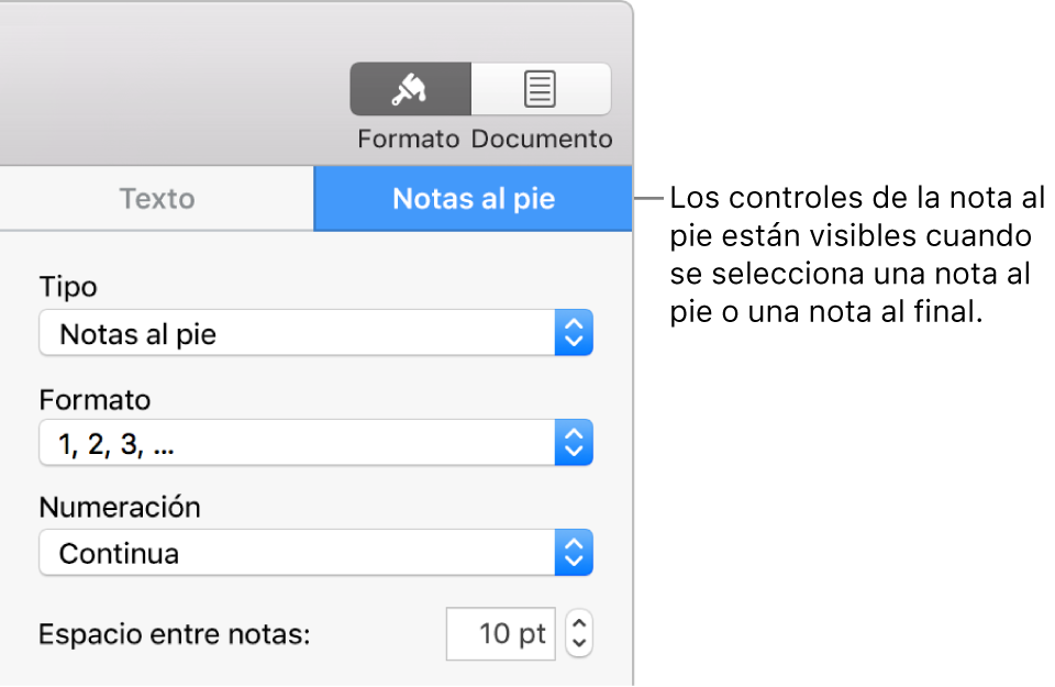 El panel “Notas al pie” con menús desplegables para Tipo, Formato, Numeración y espacio entre notas.