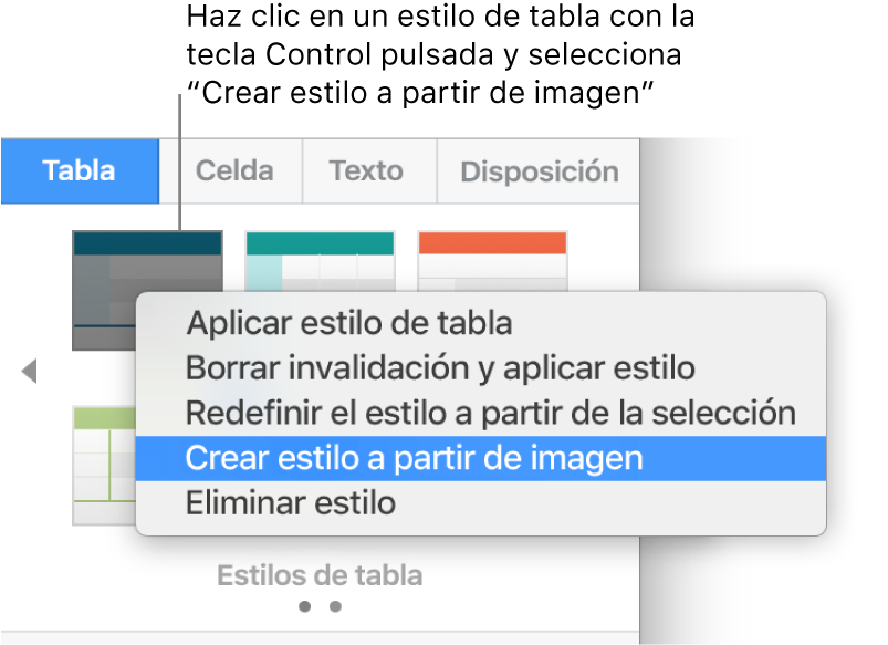 El menú de funciones rápidas de estilo de tabla.