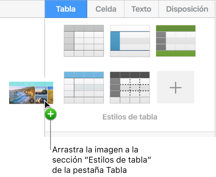 Arrastrar una imagen hasta el panel de estilos de tabla para crear un nuevo estilo.