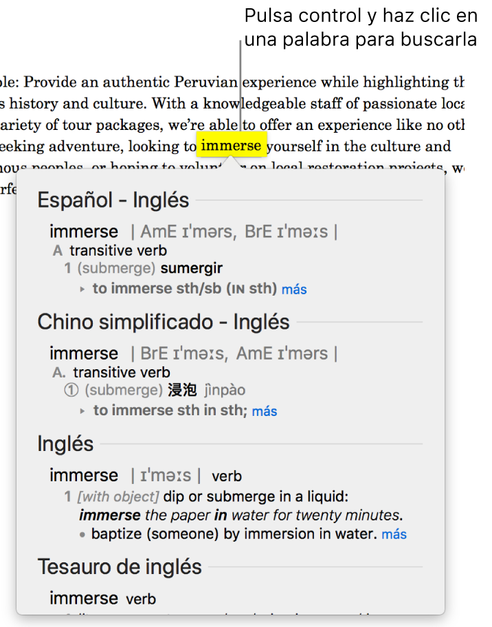 Un párrafo con una palabra resaltada y una ventana que muestra su definición y una entrada de diccionario de sinónimos. Dos botones en la parte inferior de la pantalla proporcionan enlaces al diccionario y a Wikipedia.