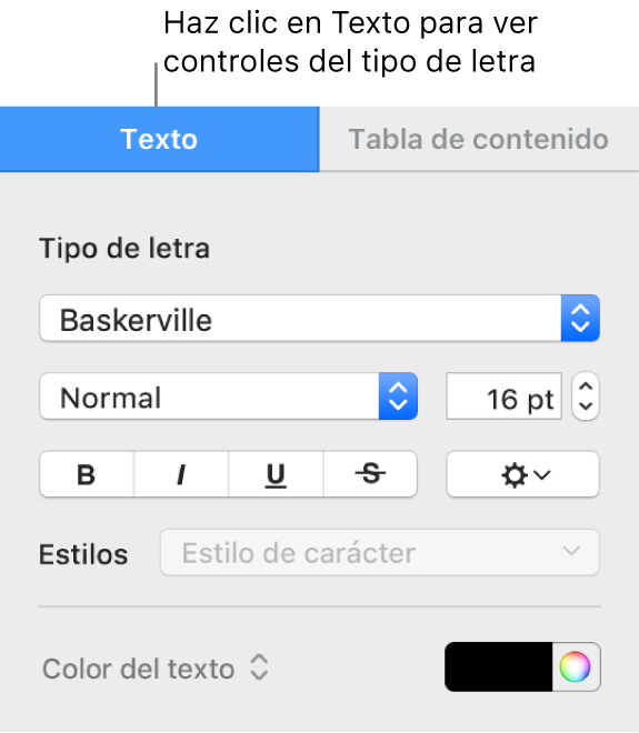 La barra lateral Formato con la pestaña Texto seleccionada y los controles de tipo letra para cambiar el tipo de letra, su tamaño y añadir estilos de carácter.