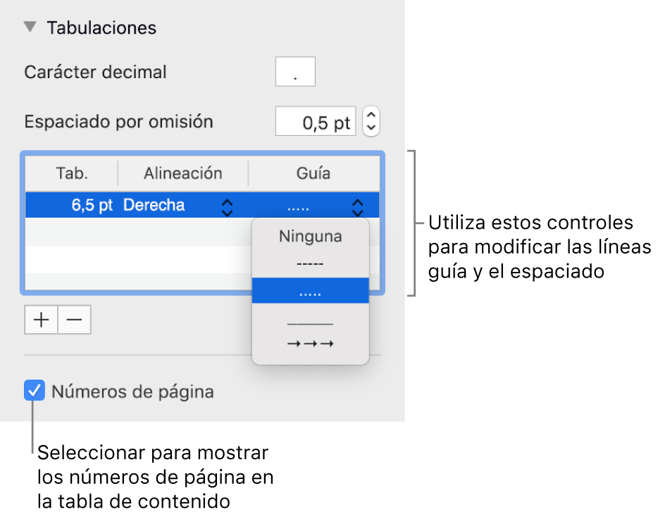 La sección de las pestañas de la barra lateral Formato. Debajo de “Espaciado por omisión” hay una tabla con las columnas Tab., Alineación y Guía. Aparece una casilla “Números de página” seleccionada debajo de la tabla.