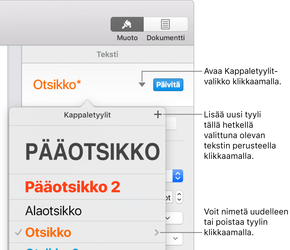 Kappaletyylit-valikko, jossa on säätimiä tyylin lisäämiseen ja muuttamiseen.