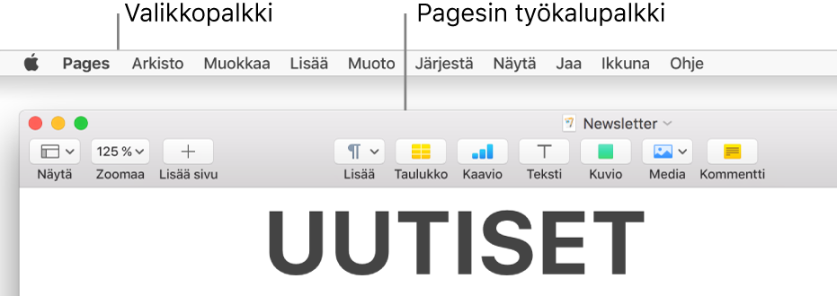 Valikkorivi, jossa vasemmalla on Omena- ja Pages-valikko, ja sen alla Pages-työkalupalkki, jossa vasemmalla ovat Näytä- ja Zoomaa-painikkeet.