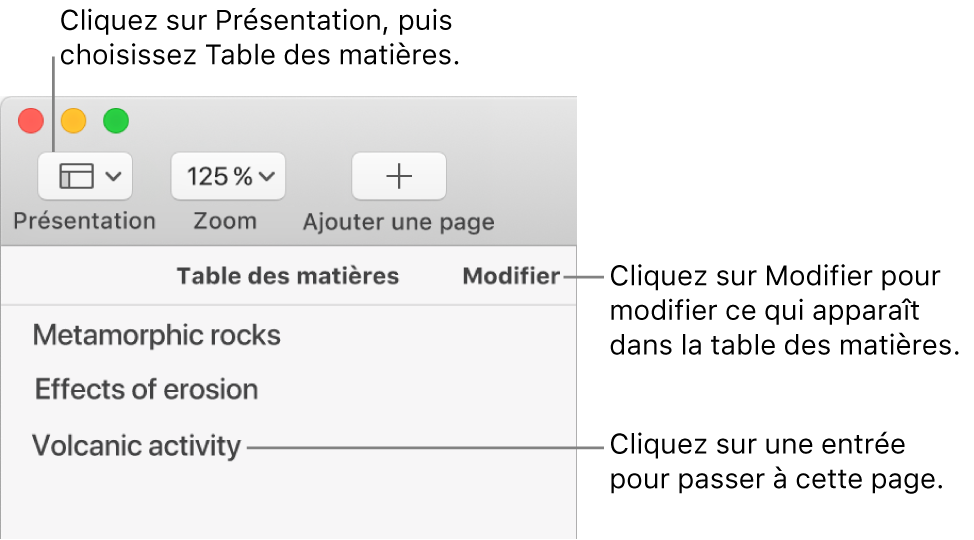 La table des matières du côté gauche de la fenêtre Pages avec un bouton Modifier dans le coin supérieur droit de la barre latérale et les entrées sous forme de liste. Le bouton Présentation se trouve dans le coin supérieur gauche de la barre d’outils Pages, au-dessus de la barre latérale.