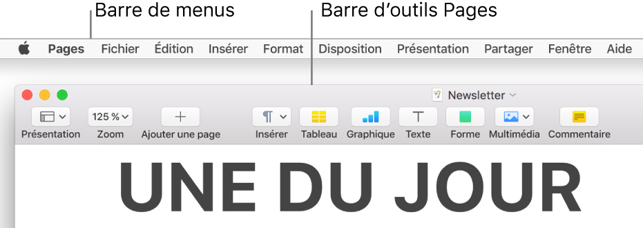 Barre des menus avec le menu Pomme et le menu Pages dans le coin supérieur gauche et en dessous, la barre d’outils de Pages avec les boutons Présentation et Zoom dans le coin supérieur gauche.