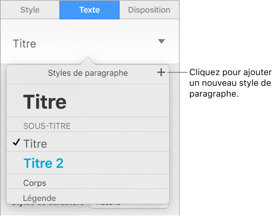 Le menu Styles de paragraphe avec le bouton Nouveau style accompagné d’une légende.