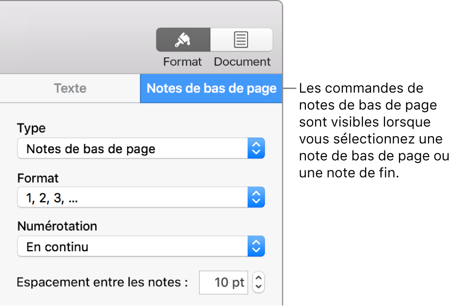 Sous-fenêtre des notes de bas de page affichant les menus contextuels Type, Format, Numérotation et Espace entre notes.