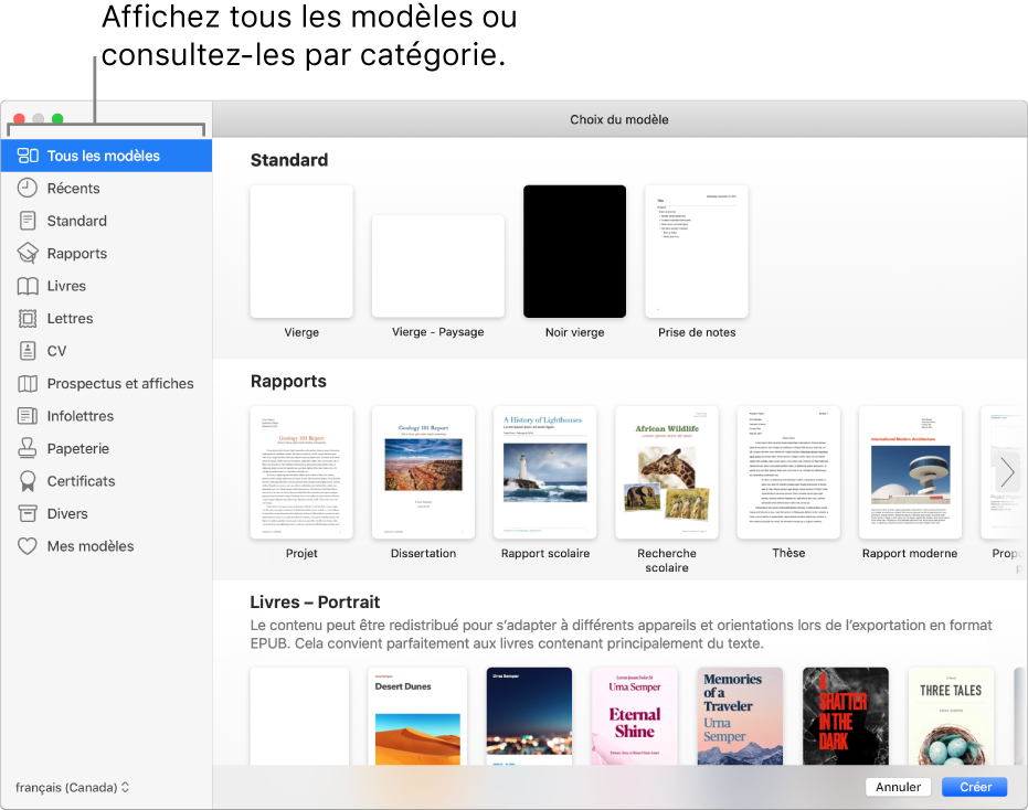 Le sélecteur de modèles. La barre latérale située à gauche présente des catégories de modèle sur lesquelles vous pouvez cliquer pour filtrer les options. Sur la droite, des vignettes de modèles prédéfinis sont disposées en rangées par catégorie, en commençant en haut par Standard, suivi de Rapports et de Livres – Portrait. Le menu contextuel Langue et région se trouve dans le coin inférieur gauche, et les boutons Annuler et Créer dans le coin inférieur droit.
