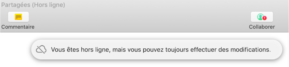 Un point d’exclamation rouge apparaît sur le bouton de la barre d’outils et une alerte à l’écran dit : « Vous êtes hors ligne, mais vous pouvez toujours effectuer des modifications ».