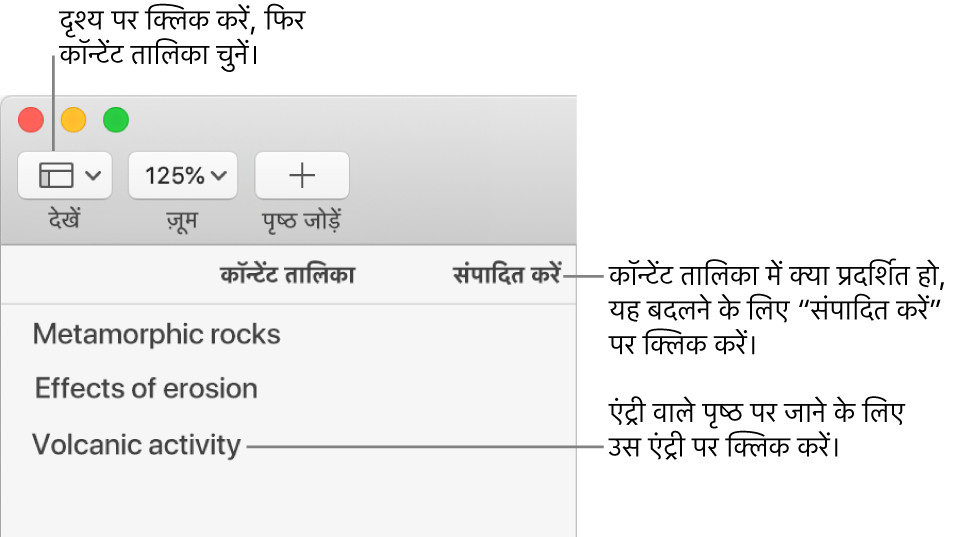 साइडबार के ऊपरी-दाएँ कोने पर संपादन बटन के साथ Pages विंडो के बाईं ओर कॉन्टेंट तालिका और सूची में कॉन्टेंट तालिका एंट्रीयाँ। दृश्य बटन, साइडबार के ऊपर Pages टूलबार के ऊपरी-बाएँ कोने में है।