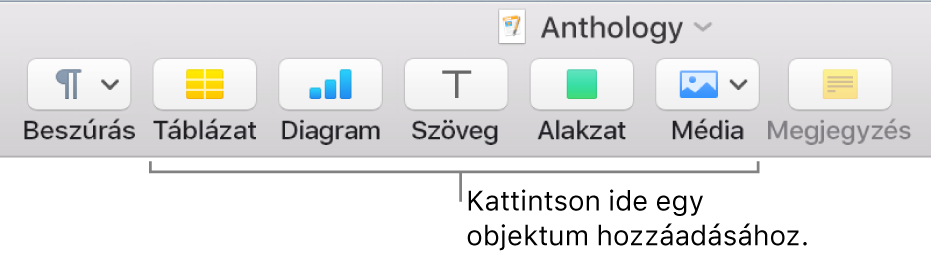 Eszközsor táblázatok, diagramok, szövegek, alakzatok és médiatartalmak hozzáadására szolgáló gombokkal.