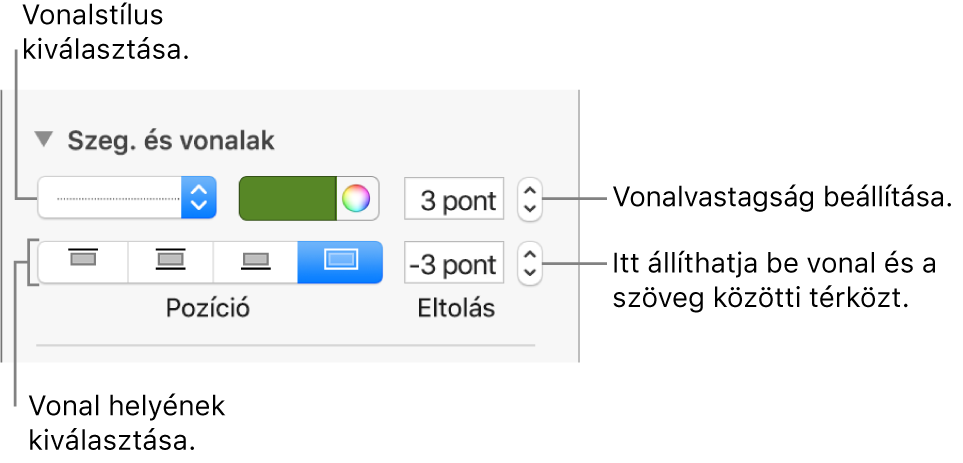 Vezérlők a vonal stílusának, vastagságának, helyének és színének módosításához.