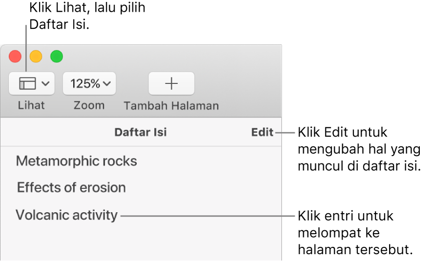 Daftar isi di sisi kiri jendela Pages dengan tombol Edit di pojok kanan atas bar samping dan entri daftar isi di daftar. Tombol Lihat berada di pojok kiri atas bar alat Pages, di atas bar samping.