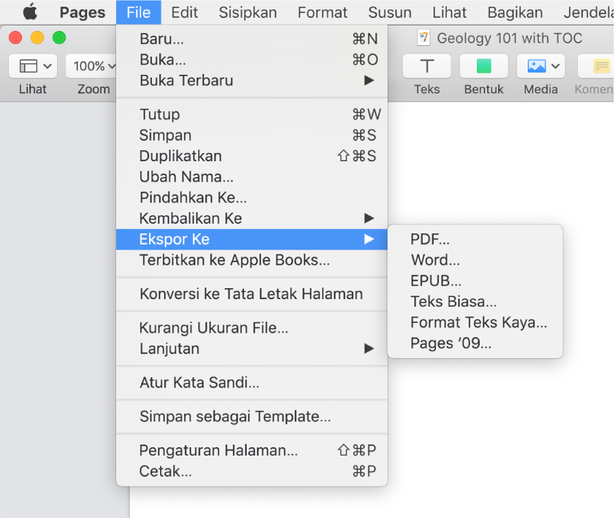 Menu File terbuka dengan Ekspor Ke dipilih, dengan submenu yang menampilkan pilihan ekspor untuk PDF, Word, Teks Biasa, Format Teks Kaya, EPUB, dan Pages ’09.