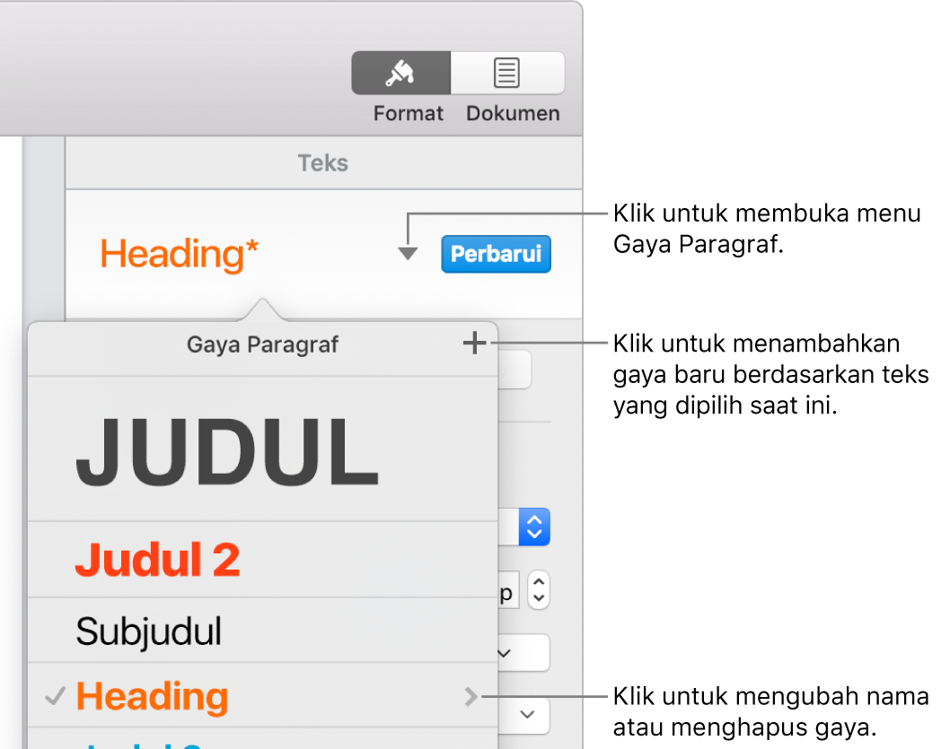 Menu Gaya Paragraf, menampilkan kontrol untuk menambahkan atau mengubah gaya.