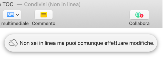 Viene visualizzato un punto esclamativo rosso sul pulsante della barra degli strumenti e un avviso sullo schermo dice “Non sei in linea ma puoi comunque effettuare modifiche”.