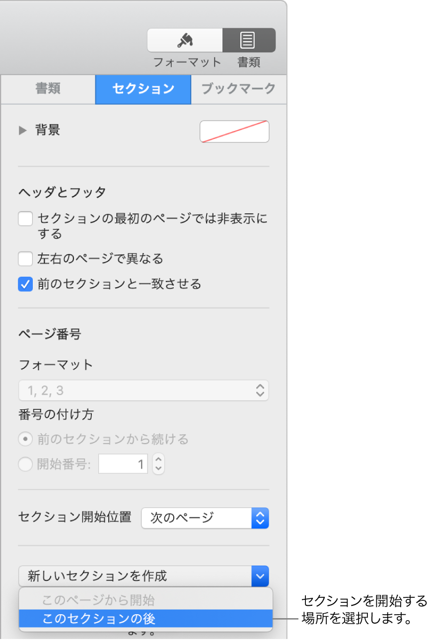 「書類」サイドバー。「セクション」タブが選択されており、サイドバーの下部付近には「セクション開始位置」ポップアップメニューと「新しいセクションを作成」ポップアップメニューが表示されている状態。