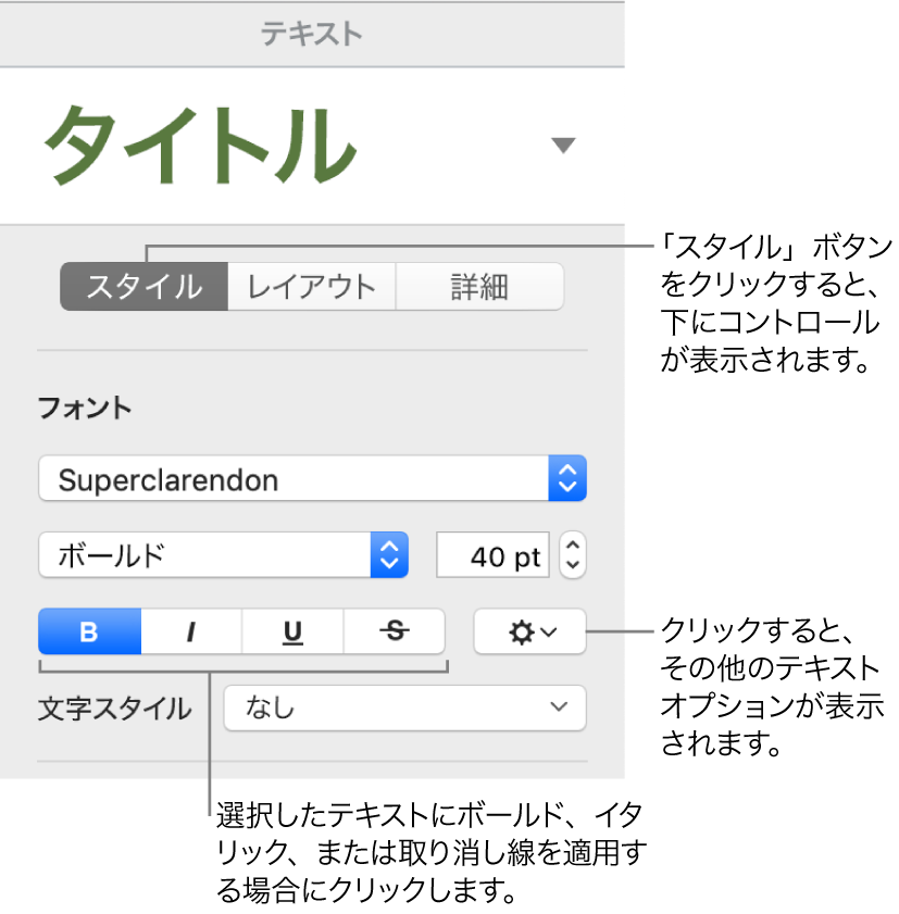 「フォーマット」サイドバーの「スタイル」コントロール。「ボールド」、「イタリック」、「アンダーライン」、および「取り消し線」ボタンのコールアウトが表示された状態。