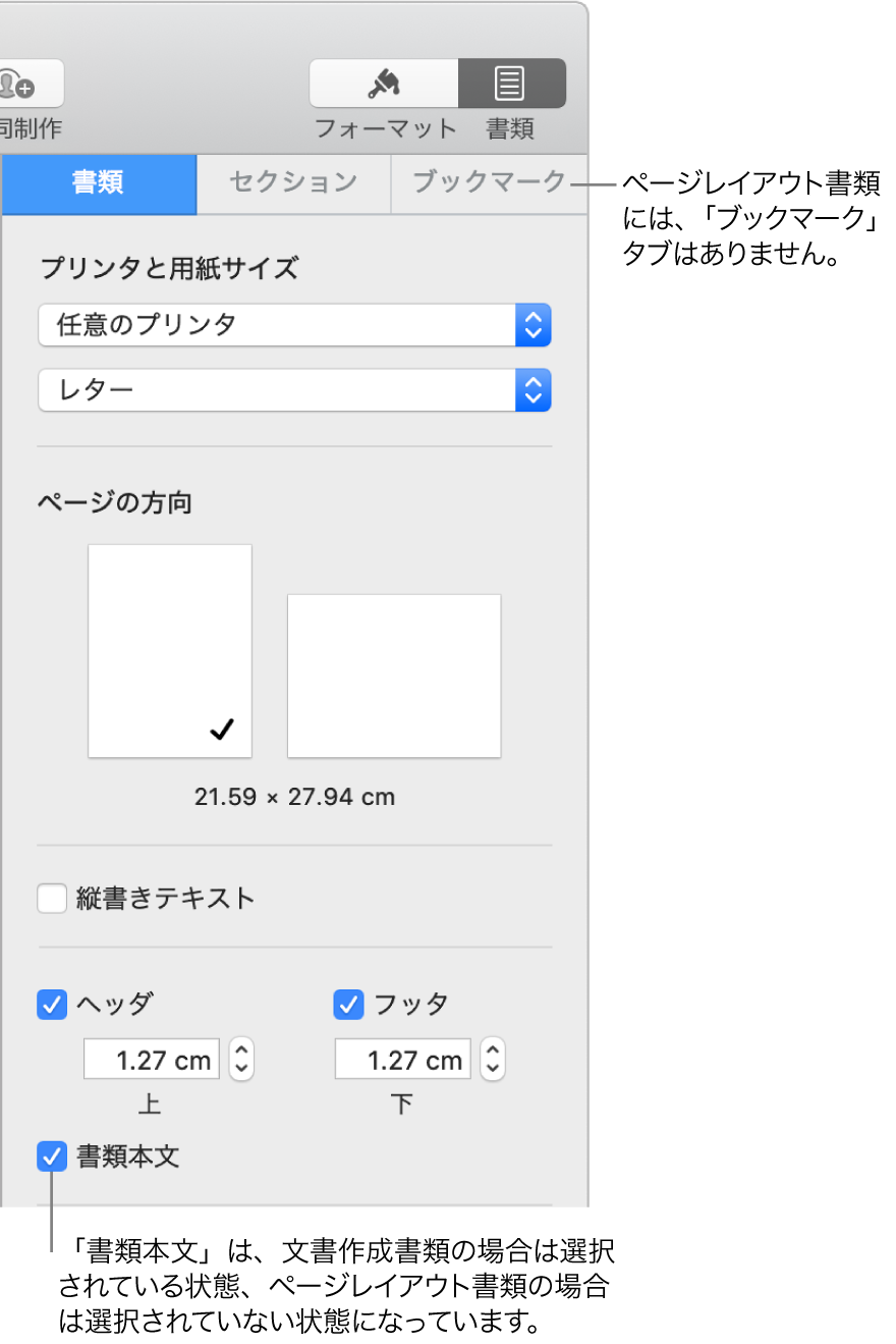 「フォーマット」サイドバー。上部に「書類」、「セクション」、「ブックマーク」の各タブがあります。「書類」タブが選択されていて、「ブックマーク」タブへのコールアウトに、ページレイアウト書類には「ブックマーク」タブがないことが示されています。「書類本文」チェックボックスが選択されています。これが文書作成書類であることも示しています。