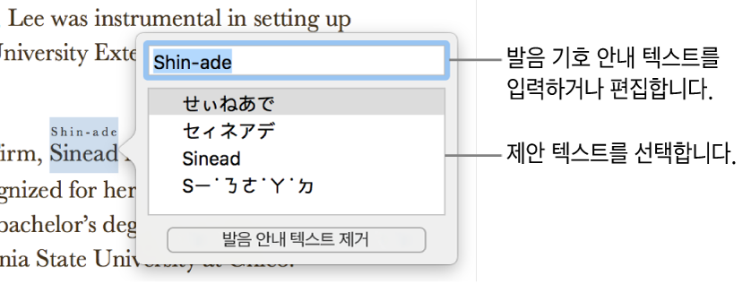 발음 기호 안내는 텍스트 필드 및 제안 텍스트에 대한 설명이 있는 단어에 대해 열립니다.