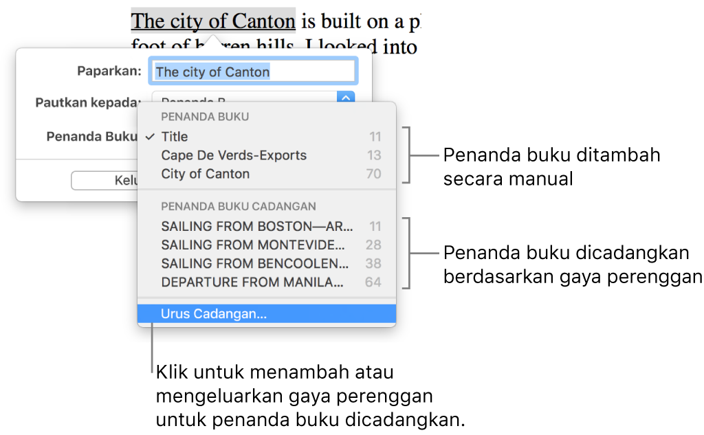 Senarai penanda buku dengan penanda buku ditambah secara manual di atas dan penanda buku dicadangkan di bawah. Pilihan Uruskan Cadangan berada di bawah.