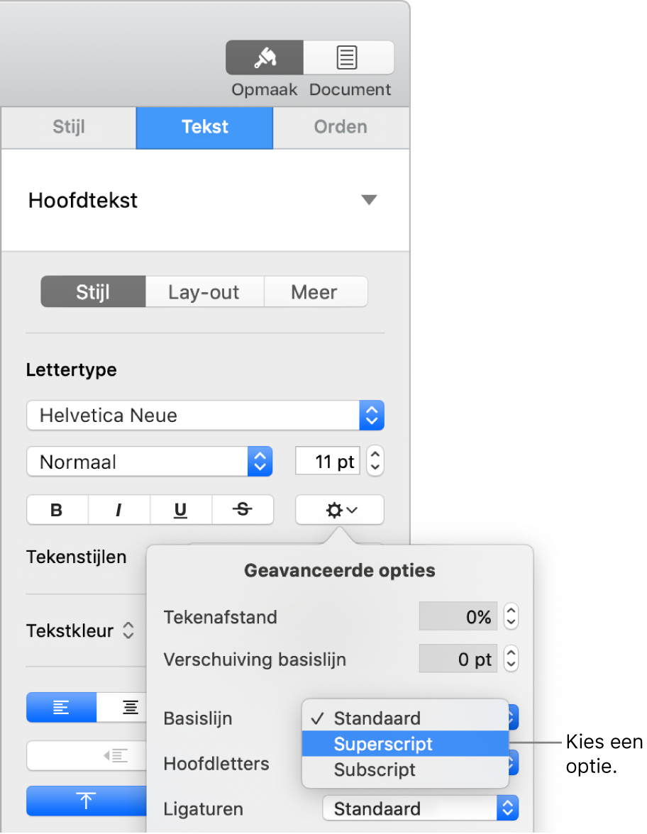 Het menu 'Geavanceerde opties' waarin het venstermenu 'Basislijn' geopend is met daarin de menuopties 'Standaard', 'Superscript' en 'Subscript'.