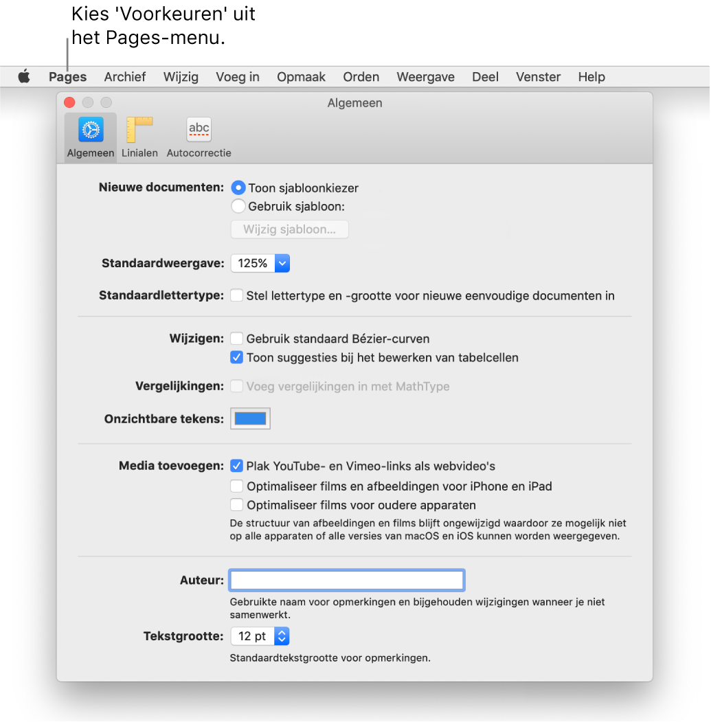 Het voorkeurenvenster van Pages met het paneel 'Algemeen' weergegeven