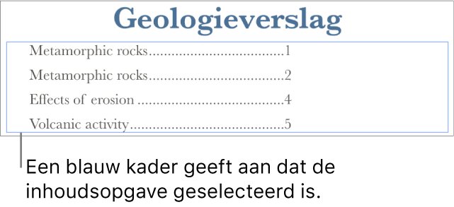 Een inhoudsopgave in een document. Deze bevat een lijst met koppen met het bijbehorende paginanummer.