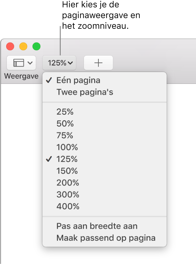 Het venstermenu 'Zoom' met bovenaan opties voor het weergeven van één of twee pagina's, daaronder zoompercentages van 25% tot en met 400% en onderaan de opties 'Pas aan breedte aan' en 'Maak passend op pagina'.