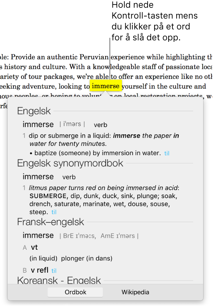 Et avsnitt med et uthevet ord og et vindu som viser definisjonen og en synonymordbokoppføring. To knapper nederst i vinduet har koblinger til ordboken og Wikipedia.