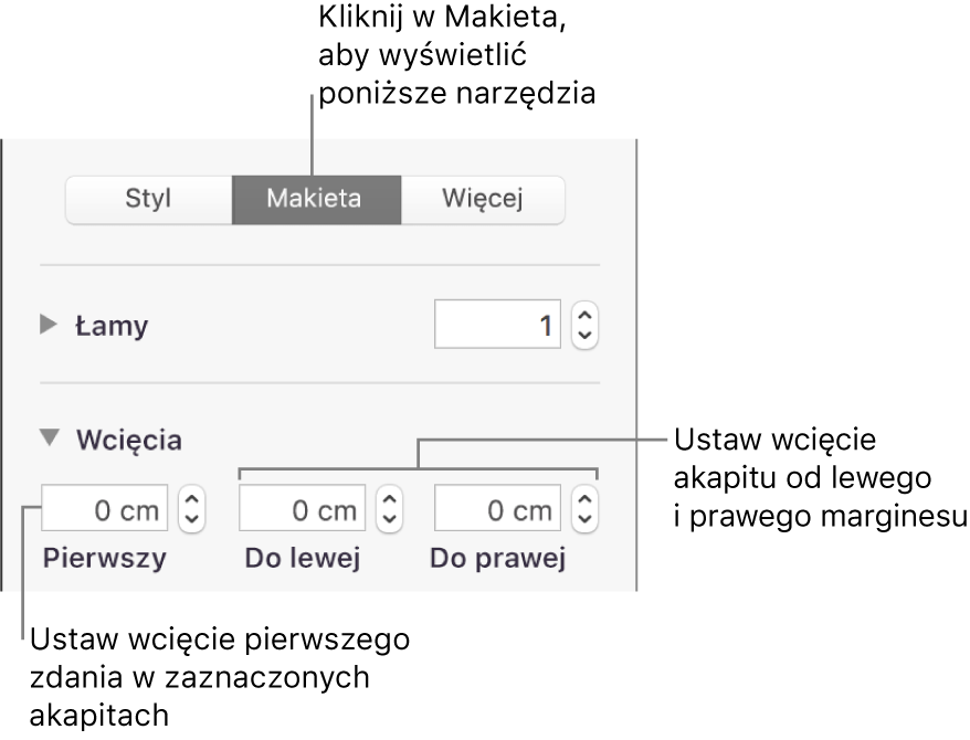 Narzędzia w sekcji Makieta na pasku bocznym Format, pozwalające na ustawianie wcięcia pierwszego wiersza.