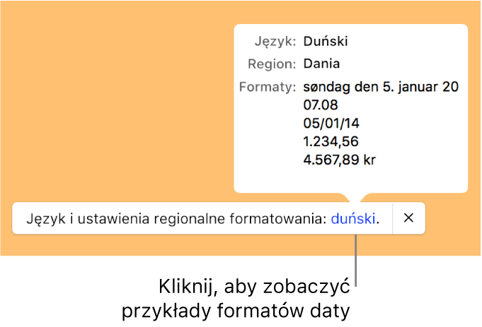 Powiadomienie o różnicy ustawień dotyczących języka i regionu, pokazujące przykłady formatowania używanego w wybranym języku i regionie.