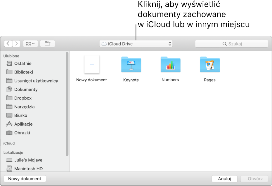 Okno dialogowe Otwórz z paskiem bocznym widocznym po lewej. W menu podręcznym znajdującym się na górze wybrana jest opcja iCloud Drive. W oknie dialogowym widoczne są foldery Keynote, Numbers i Pages, a także przycisk Nowy dokument.