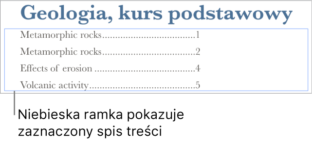 Spis treści wstawiony do dokumentu. Pozycje zawierają nagłówki wraz z numerami stron.