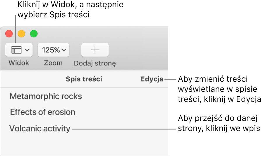 Spis treści widoczny po lewej stronie okna Pages. W prawym górnym rogu paska bocznego znajduje się przycisk Edycja. Niżej widoczna jest lista pozycji spisu treści. W lewym górnym rogu paska narzędzi Pages (nad paskiem bocznym) znajduje się przycisk Widok.