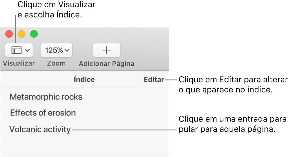 Índice no lado esquerdo da janela do Pages, com um botão Editar no canto superior direito da barra lateral e as entradas do índice em uma lista. O botão Visualizar está no canto superior esquerdo da barra de ferramentas do Pages, acima da barra lateral.