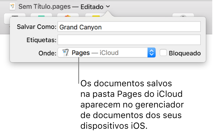 Caixa de diálogo Salvar em um documento com Pages — iCloud no menu pop-up Onde