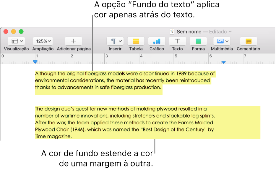 Um parágrafo com a cor atrás apenas do texto e um segundo parágrafo com a cor atrás do mesmo que abrange de margem a margem num bloco.